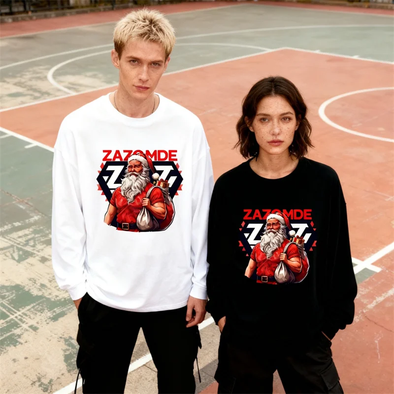 ZAZOMDE Christmas Festival Santa Print Long Sleeve Cotton T-Shirt Holiday Season Celebration Design Cotton Family Gatherings
