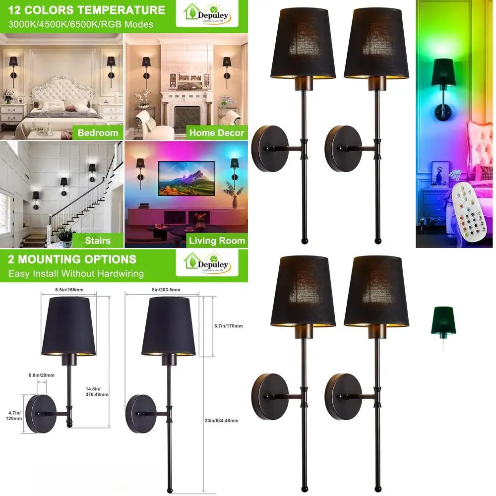 

Набор из 2 беспроводных настенных бра с батарейным питанием и пультом дистанционного управления, 15 вариантов цвета, черный для домашнего декора