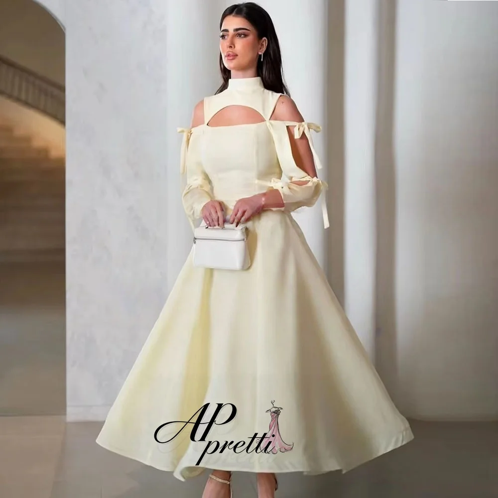 AP pretti Elegant Pale Yellow High Neck Cut Out Evening Gown Dress A-line Bow Customized 2026 Party Gown vestido de noche