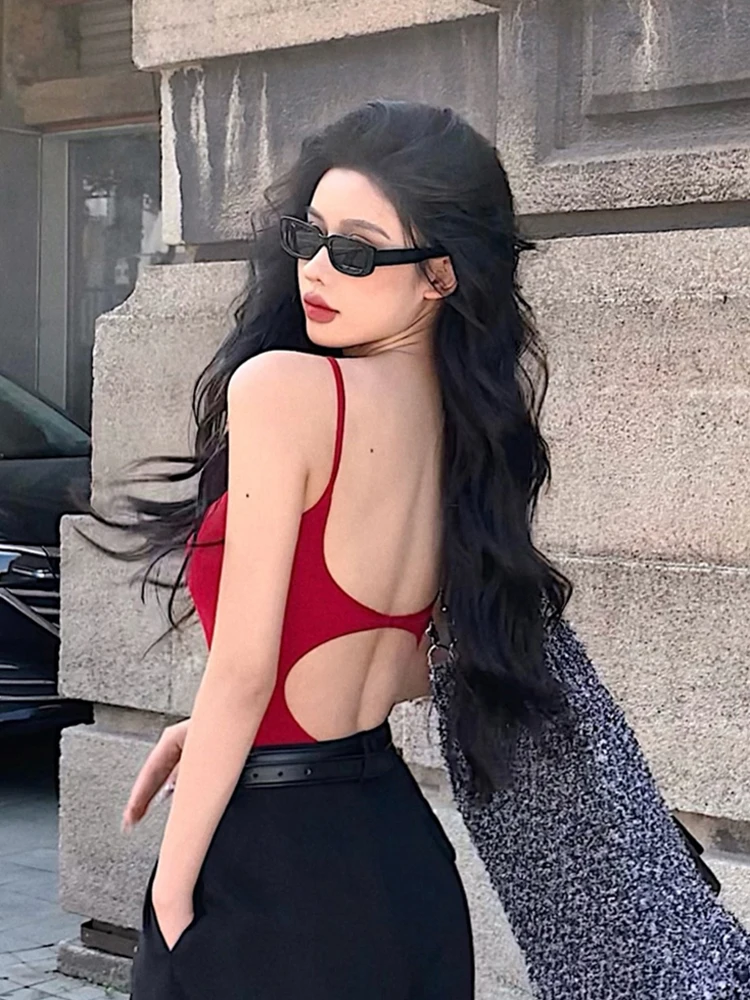 Red Backless Crop Top Women's Slim Fit Camisole Vest Summer New Style Spicy Girl Inner Wear Outer Wear Padded Strapless Top
