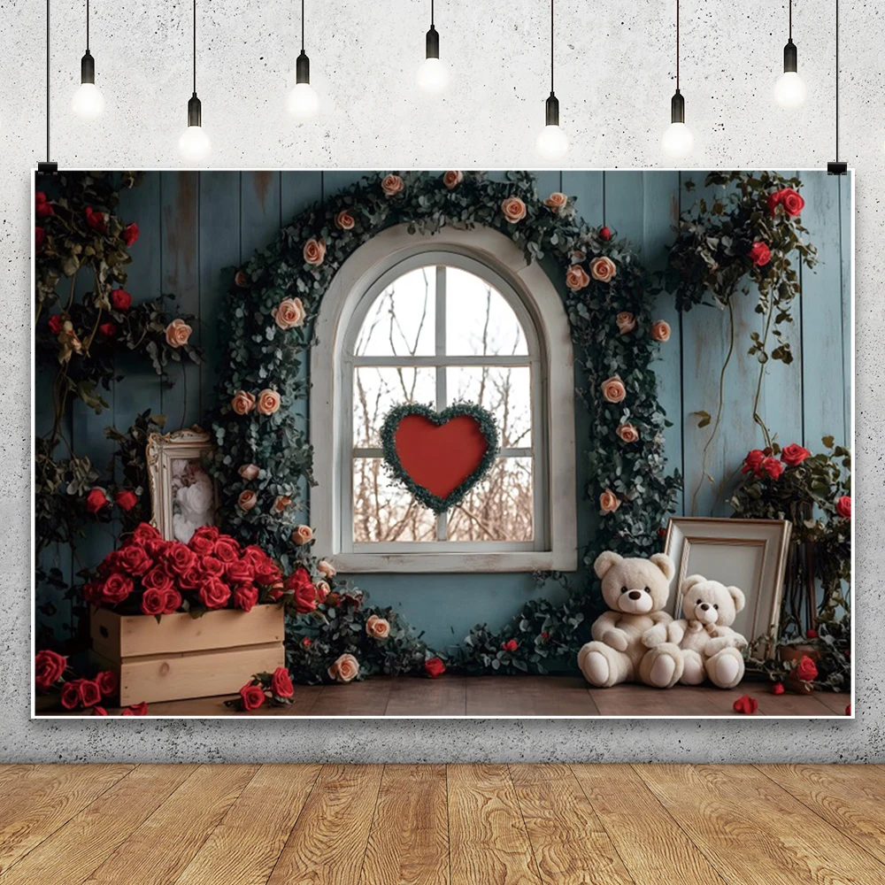 สุขสันต์วันวาเลนไทน์พื้นหลังการถ่ายภาพสีแดง Rose ดอกไม้ตุ๊กตาหมีบอลลูนตกแต่งในร่มเด็กคนรักภาพฉากหลัง