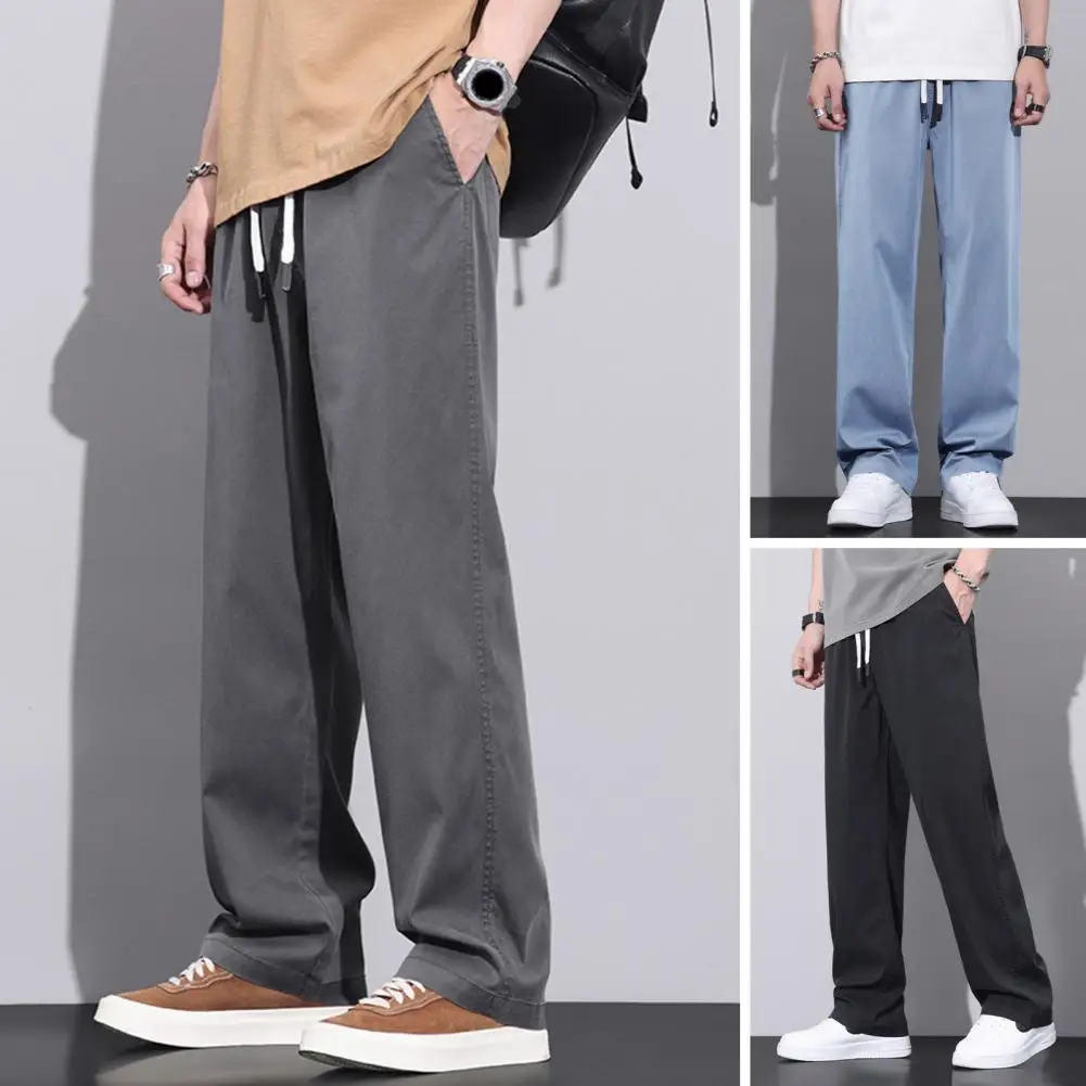 Men Straight-legged Jeans Versatile Men's Denim Pants Elastic Waist Adjustable Drawstring Wide Leg Stylish Summer for Comfort