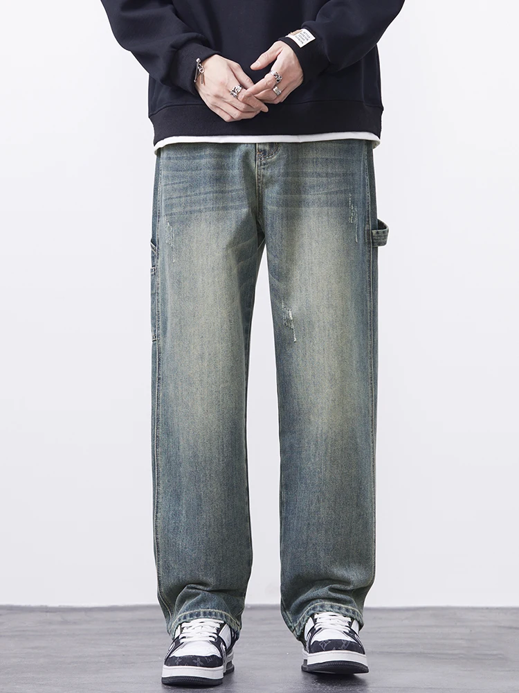 الشارع الشهير الهيب هوب الجينز الرجال خمر جيب تقسم ​ ​ واسعة الساق الأزياء السراويل البضائع الكورية Y2K فضفاض الخريف الدنيم السراويل