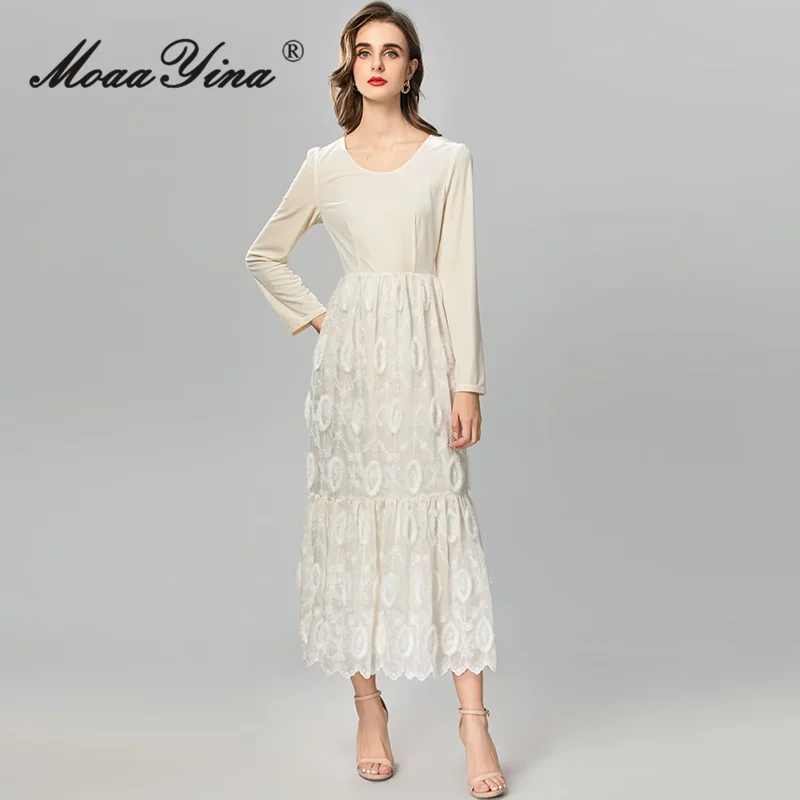 

MoaaYina Fashion Design Women's Casual Dress Long-Sleeved Embroidery Feathers Holiday Comfortable Temperament Big Swing Dresses