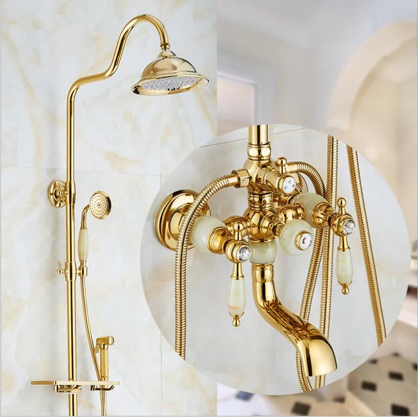 Europe style luxury bath and shower faucet brass and jade gold finished wall mounted shower faucet set rainfall shower head