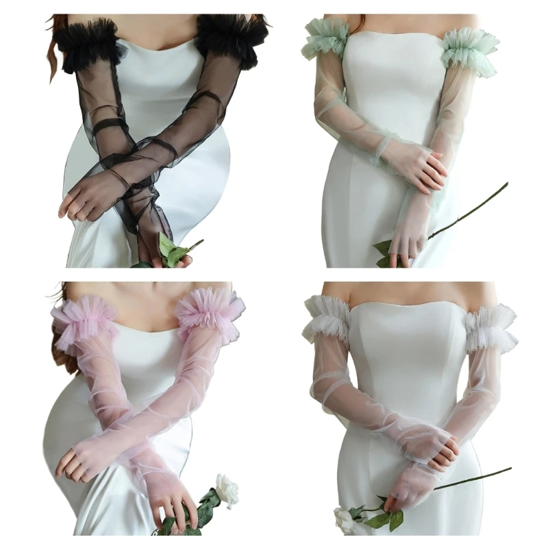 Long Wedding Sheer Lace Arm Sleeves Fingerless Gloves Arm Coverage for Banquet Dropship