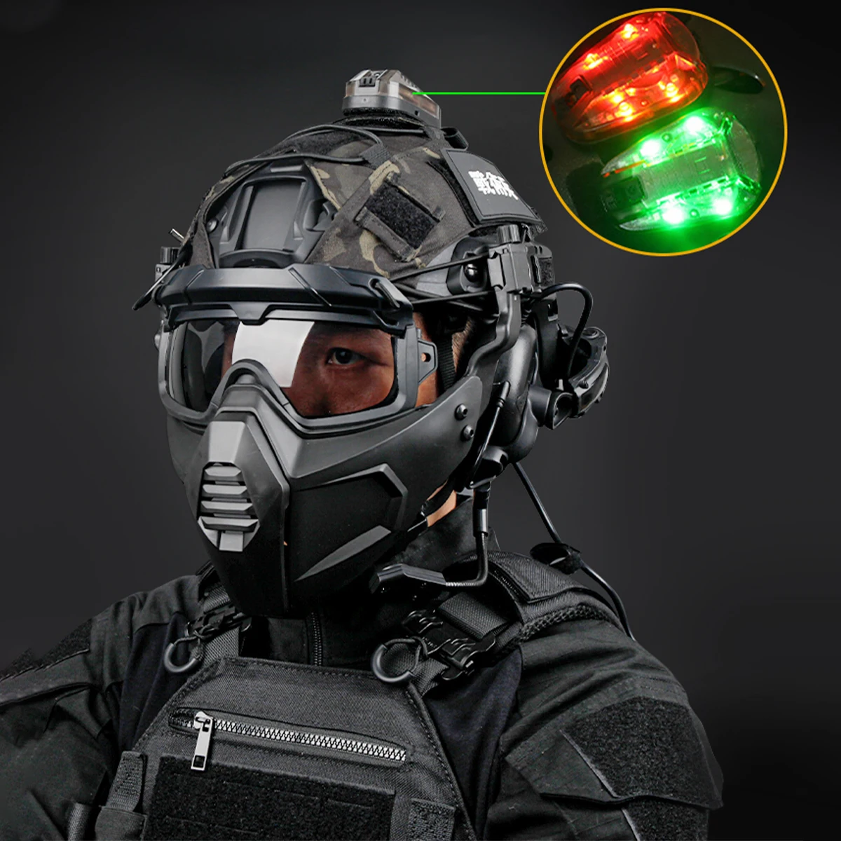 Airsoft-helmset met tactische headset Lichtgevend nachtzichtmodel Maskerbril voor oorlogsspel Schieten Cosplay-uitrusting Props