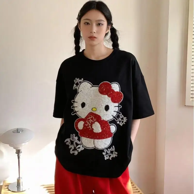 Camiseta de Verano con Lentejuelas y Bordado de Hello Kitty, Estilo Nuevo, Manga Corta, para Mujer, Popular y a la Moda