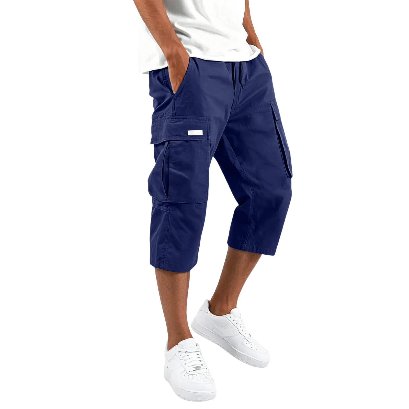 2026 Men Solid Drawstring 3/4 Cargo Capri Shorts Elastic Waist Multi Pocket Loose Knee Length Summer Casual Long Shorts