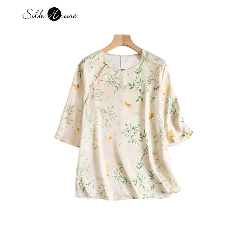 New Chinese Style Soft 20MM 100% Natural Mulberry Silk Plain Satin Yellow Printed Round Neck Raglan Sleeve Women's T-shirt