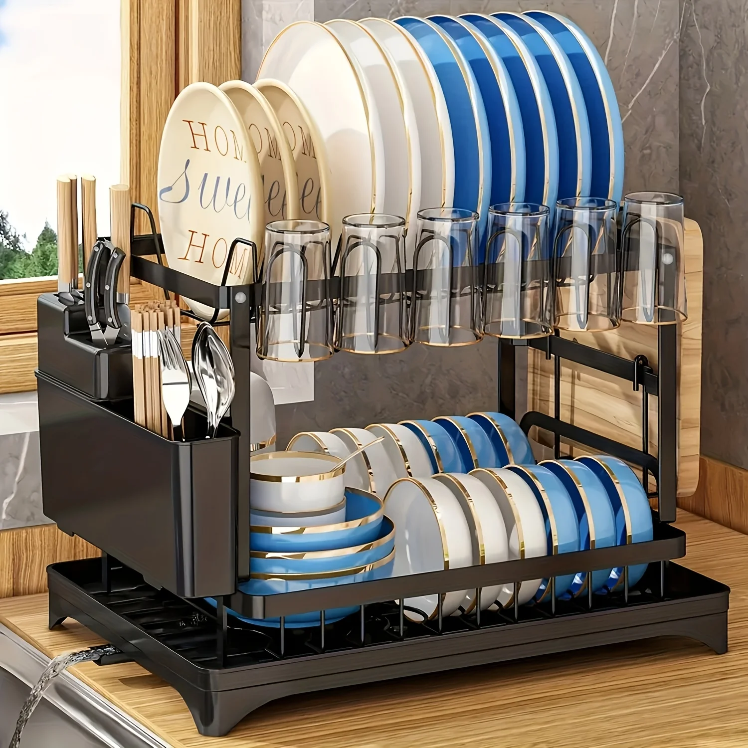 Large-Capacity Double-Layer Kitchen Storage Rack with Drainage, Lockable Metal Tableware Stand for Bowls, Kitchen Organizers
