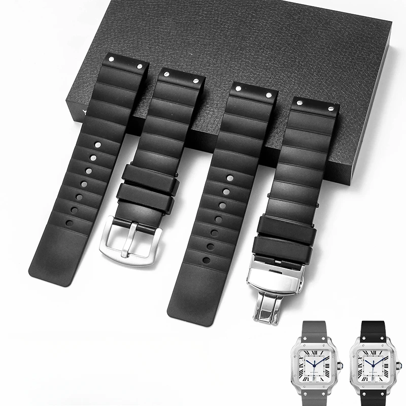 สําหรับ Cartier Santos Sandoz Sweatproof นาฬิกายางซิลิโคนวัสดุเสริมเหล็กหัวเข็มขัด 22 มม.การออกแบบสายหนา
