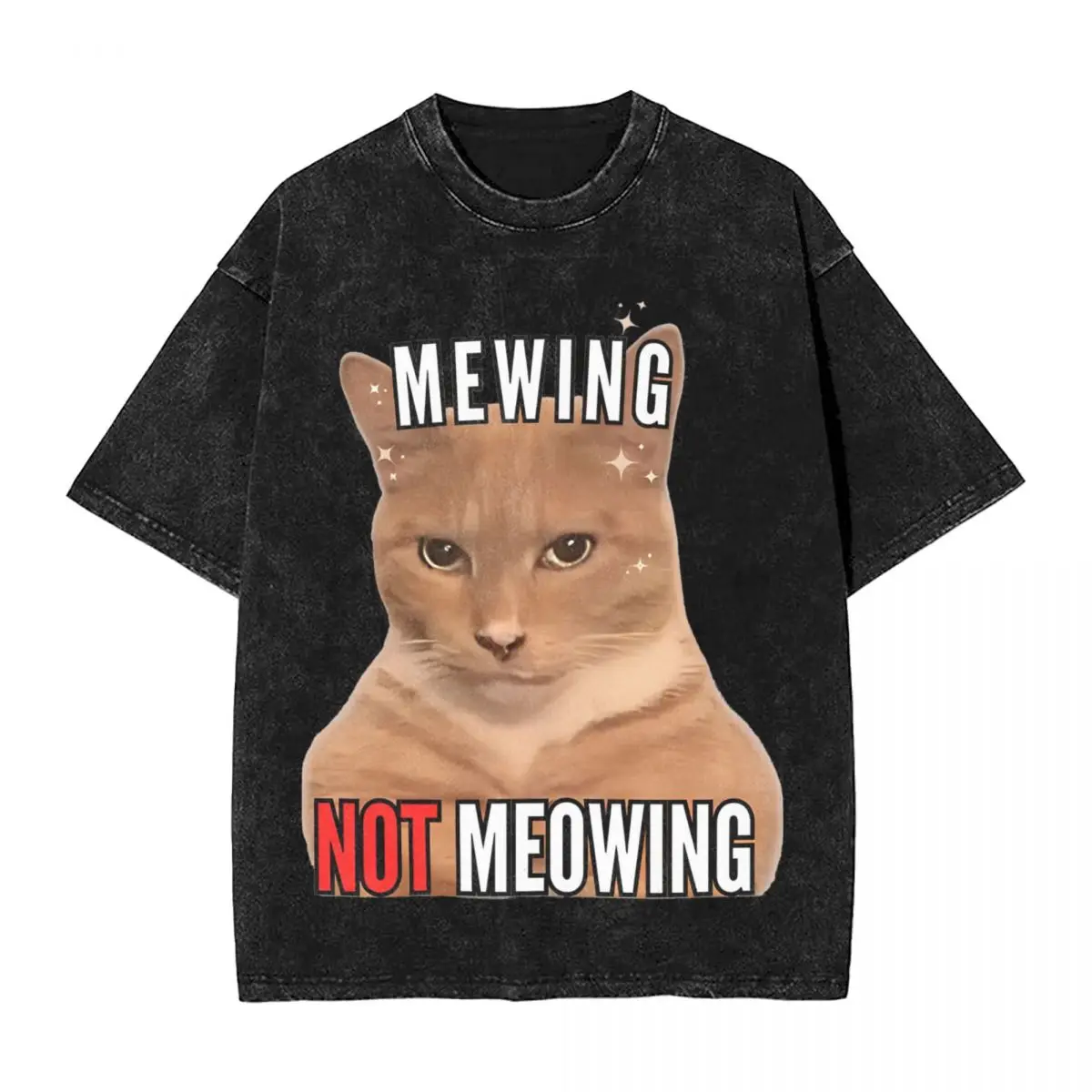 

Mewing NOT Meowing Cute Cat Washed T Shirts Streetwear Hip Hop Vintage T-Shirt Tees Men Women Cotton Harajuku Summer