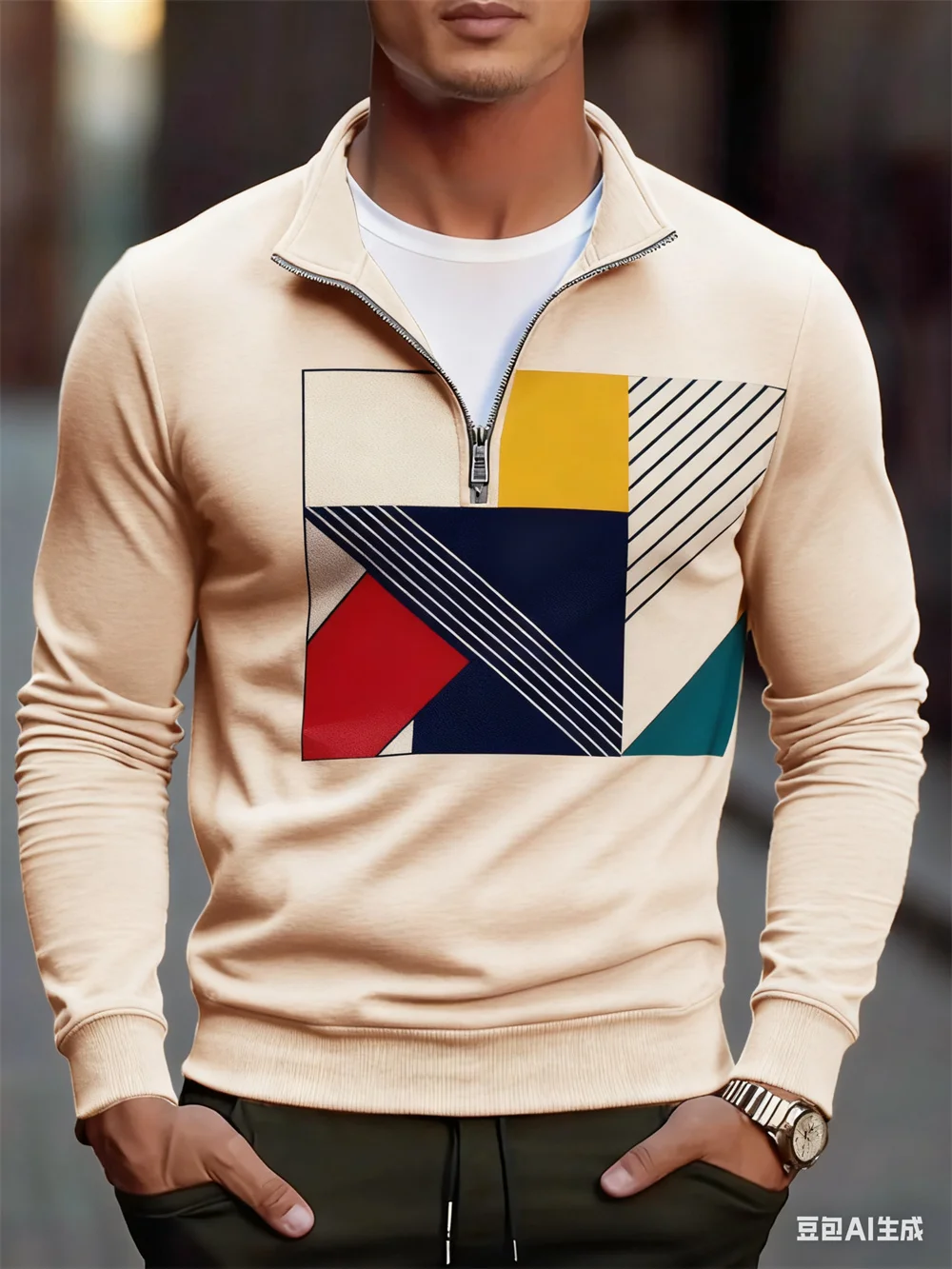 

3D Printed Color Block Graphic Zipper Sweatshirt Men's Business Casual Long Sleeve Zip Tops Autumn Winter Outdoor Street Clothes