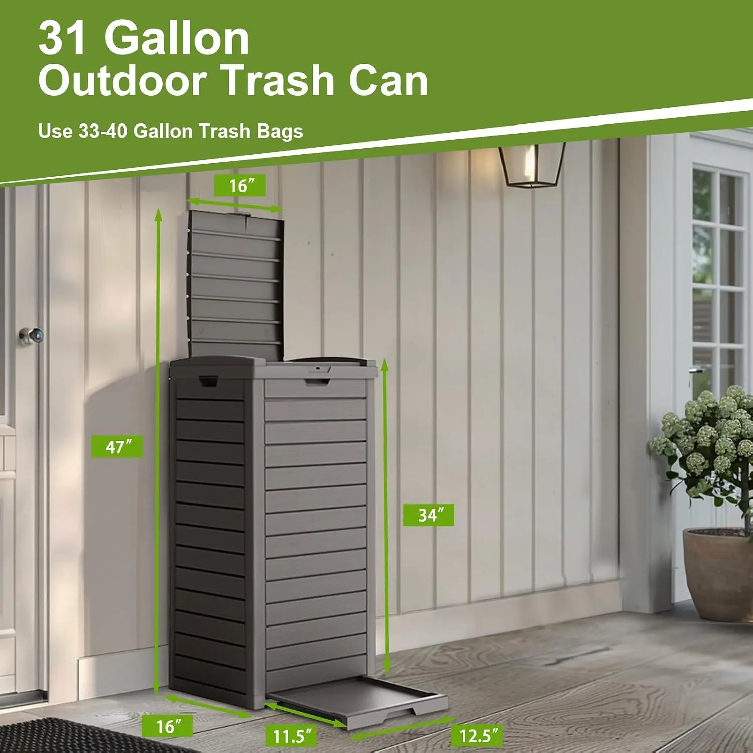 Outdoor Trash Can, Waterproof Resin Garbage Can, Durable and Stylish Waste Bin for Kitchen, Garden, Deck (Grey, 31 Gal)