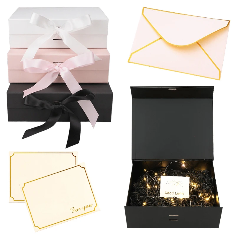 23cm Luxury Ribbon Gift Box Set Pink Black White 3 Colors Available Gift Box Lafite Grass Greeting Card Souvenir Package Set ZYF