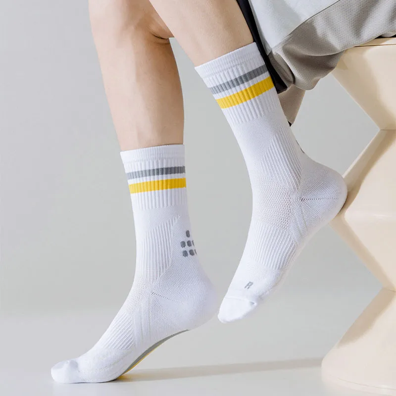 1/3/5 Pairs Professional Athletic Double-bar Men's Socks Mid-calf Running Basketball Sock Fashionable Elastic Casual Sports Sox