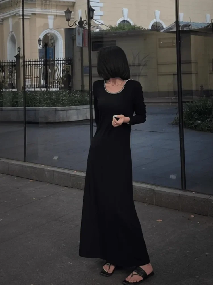 

Black Design Backless Dress For Women's Autumn And Winter New Style, High-End Nail Bead Chic Elegant Dress