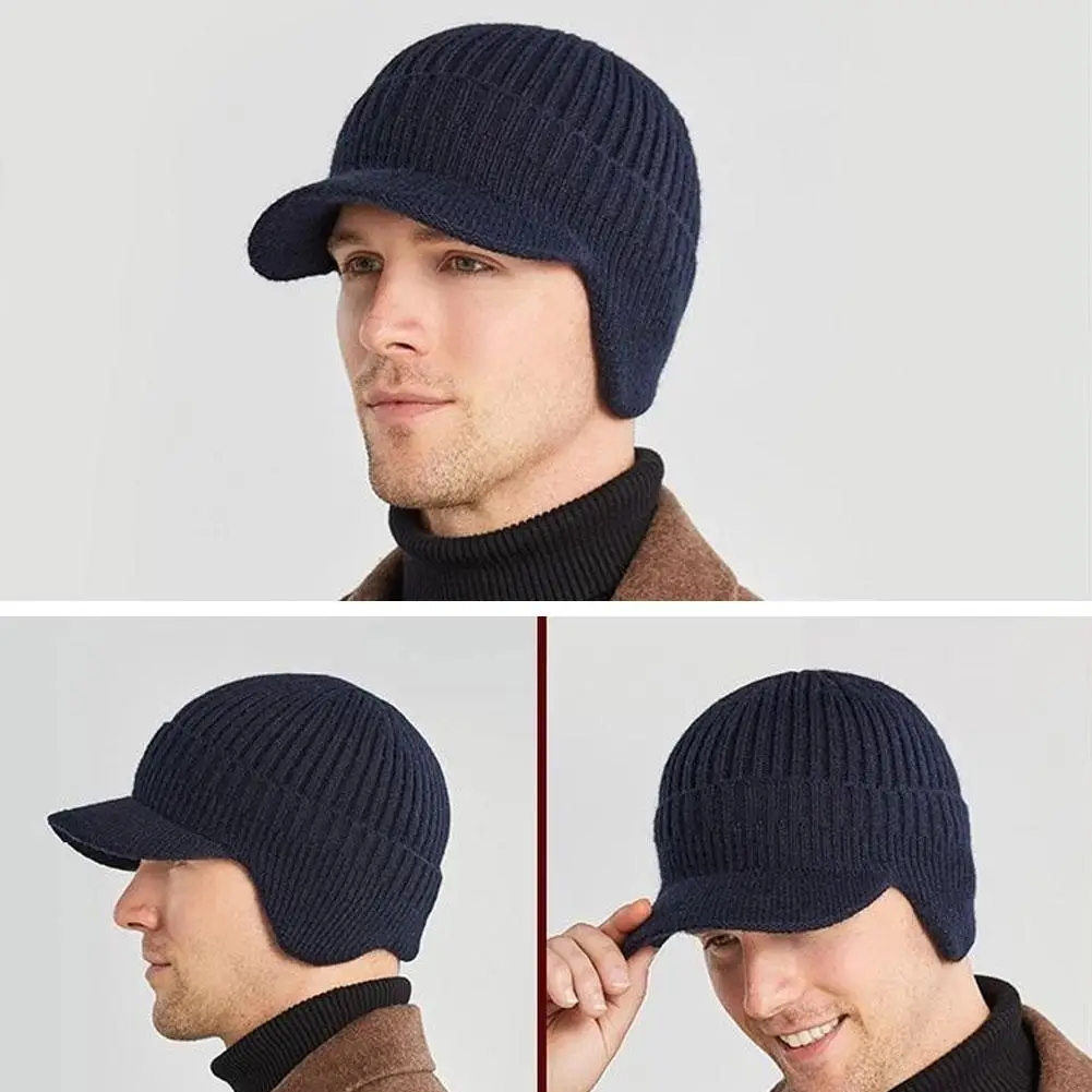 1Pcs Men Winter Black Knitted Hat Thickened Outdoor Cycling Ear Protection Warmth Peaked Cap Casual Fashion Bomber Hats
