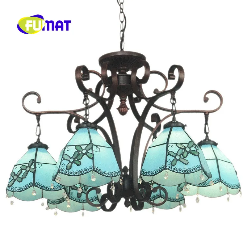 FUMAT Blue Mediterranean style Four-petal Flower Tiffany 6 Head Chandelier Stained Glass Restaurant Bedroom Living Room