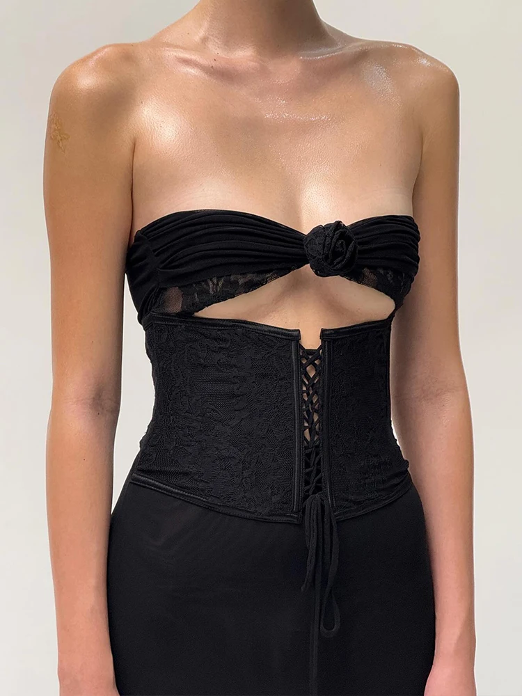 Seltsame Puss Sexy Hohl Mesh Maxi Kleid Frauen Raffen Fischschwanz Rüschen Patchwork Verband Elegante Geburtstag Bankett Party Vestidos