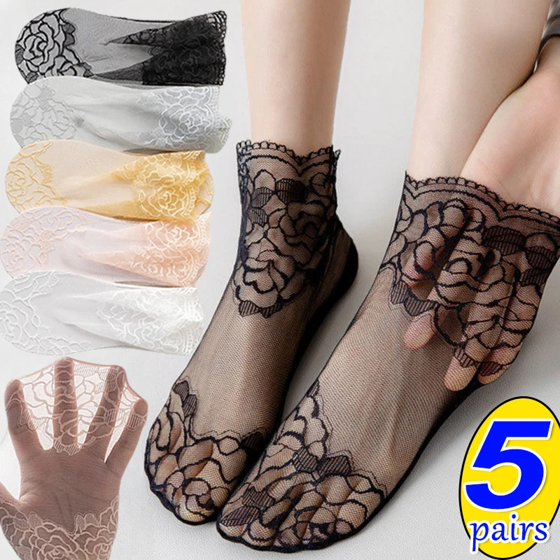 

1/5pairs Fashion Women Girls Summer Socks Style Lace Flower No Show Short Sock Antiskid Invisible Ankle Sox Sock Slippers