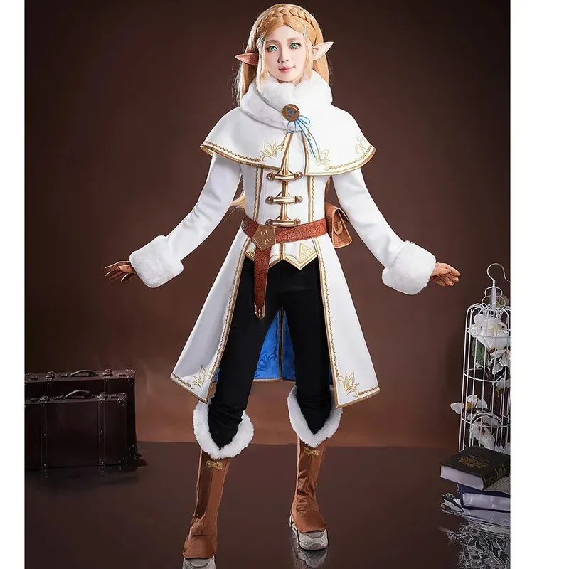 Set Kostum Aksesori Celana Selendang Kerah Kulit Jubah Mantel Putih Cosplay Anime Zelda Musim Dingin Baru