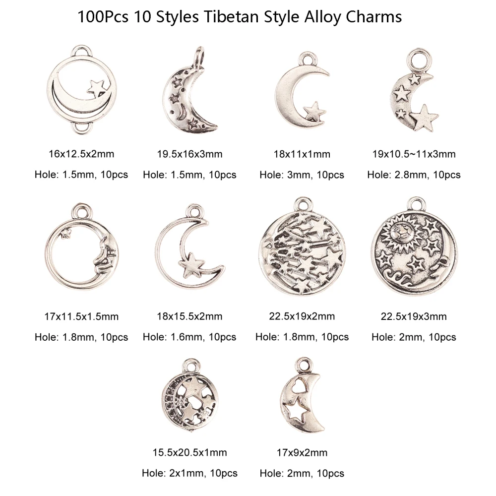 PandaHall  100pcs Anique Silver Moon Charms Mixed Styles Tibetan Sun Moon Star Charms for Jewelry Making Bulk
