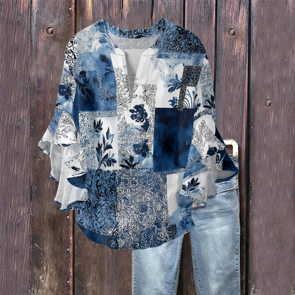 فلامنغو الاستوائية طباعة المرأة بلوزة عصرية الخامس الرقبة جرس الأكمام فلوي التجعيد النسيج قميص الحلو النمط الرعوي بلايز عادية