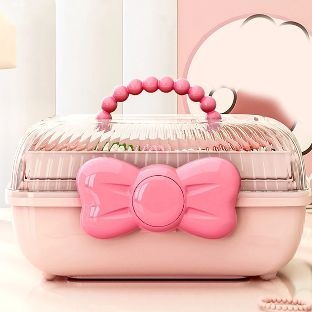 

Jewelry Storage Box Pink Hair Clips Ties Organizer Multifunction Portable Bow Decor Accessories Container For Girls
