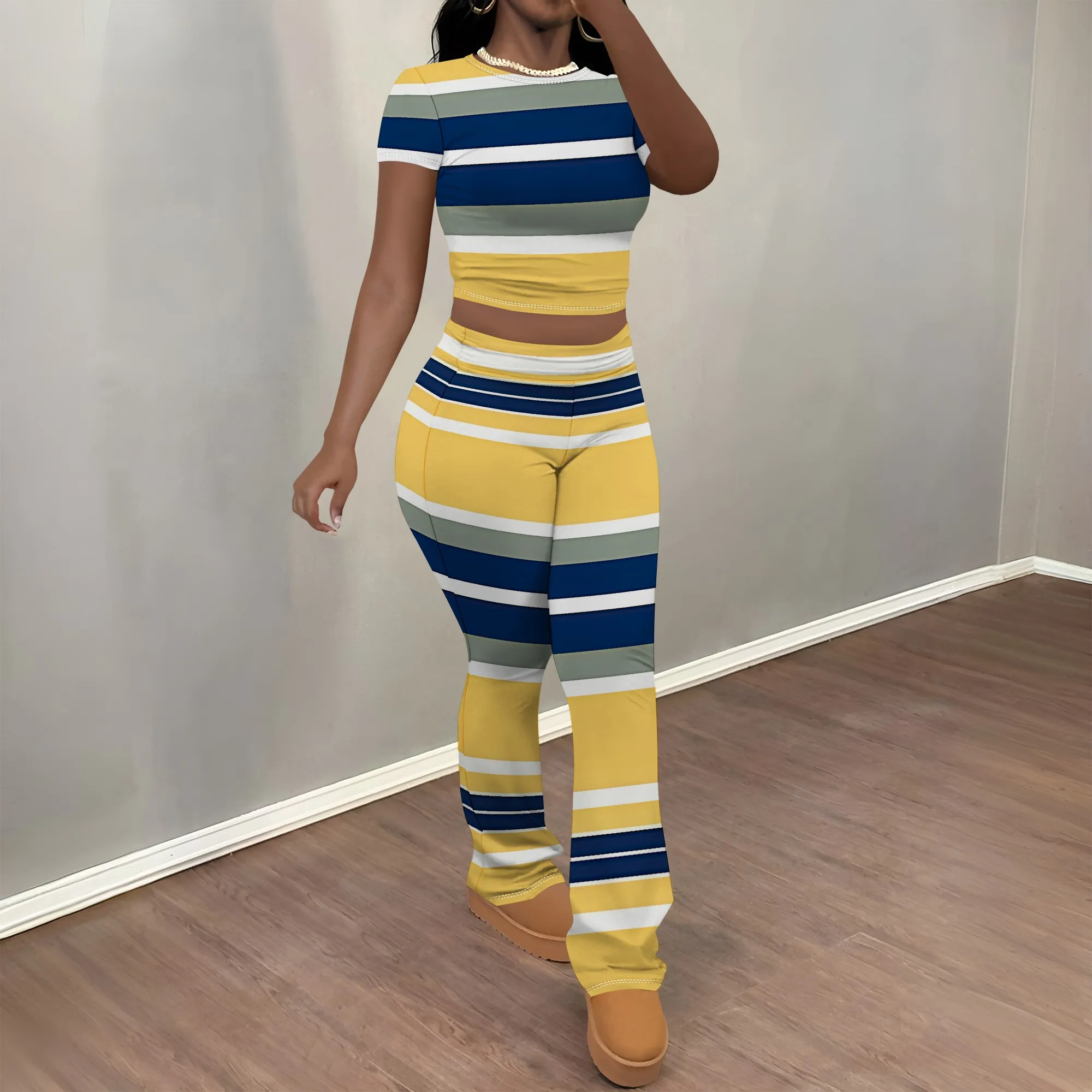 

Nupusa Color Block Stripe Print Two - Piece Set for Women Standard Size Summer Casual Short Sleeve Flare Pants Outfit
