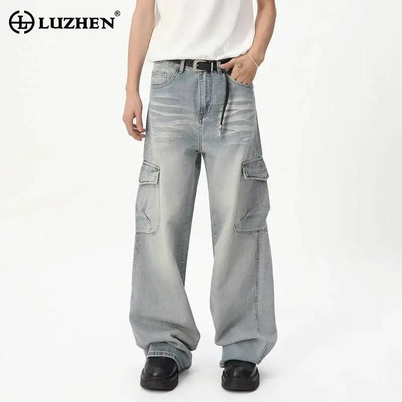 LUZHEN 2026 New Stylish Gradient Washed Multi Pockets Design Straight Cargo Pants Men's Handsome Original Casual Jeans JY7230