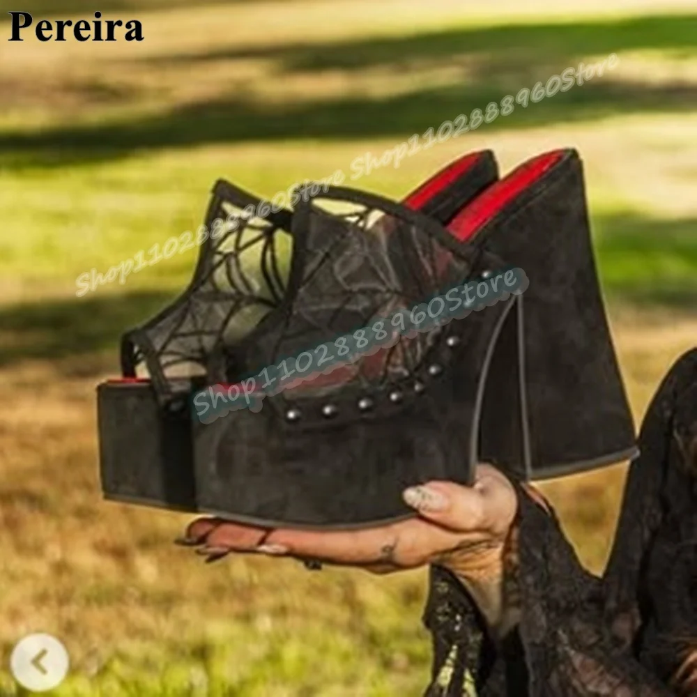 

Sexy Black Air Mesh Spider Web Platform Slippers Thick Heel Shoes For Women Slip On Open Toe Party Stylish Zapatos Para Mujer