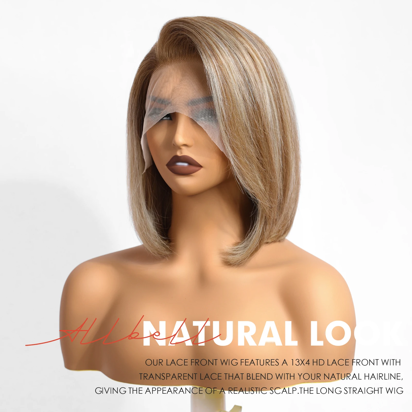 Perruque Bob Lace Front Wig naturelle Remy, cheveux courts lisses, brun clair, blond mixte, 13*4, utilisation 03/usage, pour femmes