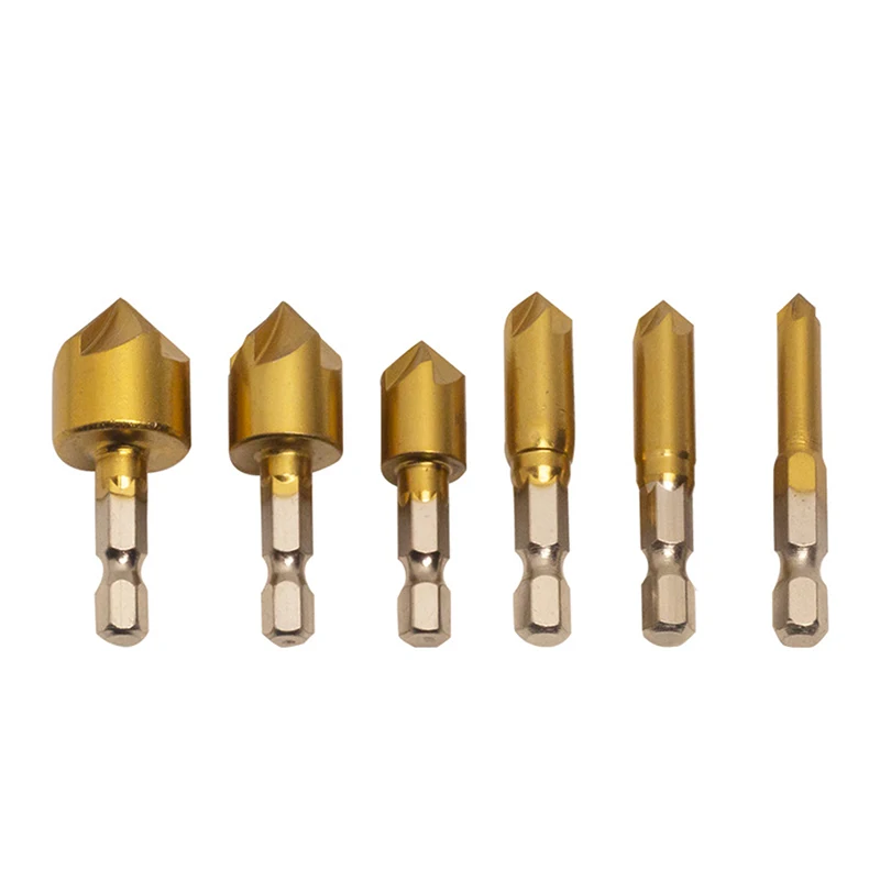 6Pcs Titanium Coating Countersink Drill Bit 1/4'' Hex Shank High Speed Steel 90 Degree Wood Chamfer Cutter 6/8/9/12/16/19mm