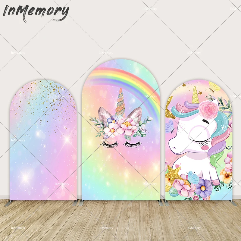 Glitter Rainbow Unicorn Arch Cover Backdrop Wall for Kids Birthday Party Decoration Supplies Flowers Kids Photo Background