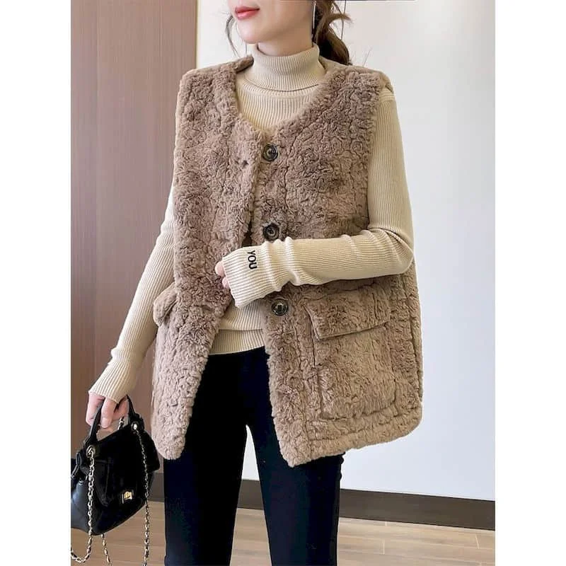 

Fleece Waistcoats for Women Plush Vests O-neck Casual Sleeveless Cardigans Oversized Winter Lambhair Jackets Loose Women Tops