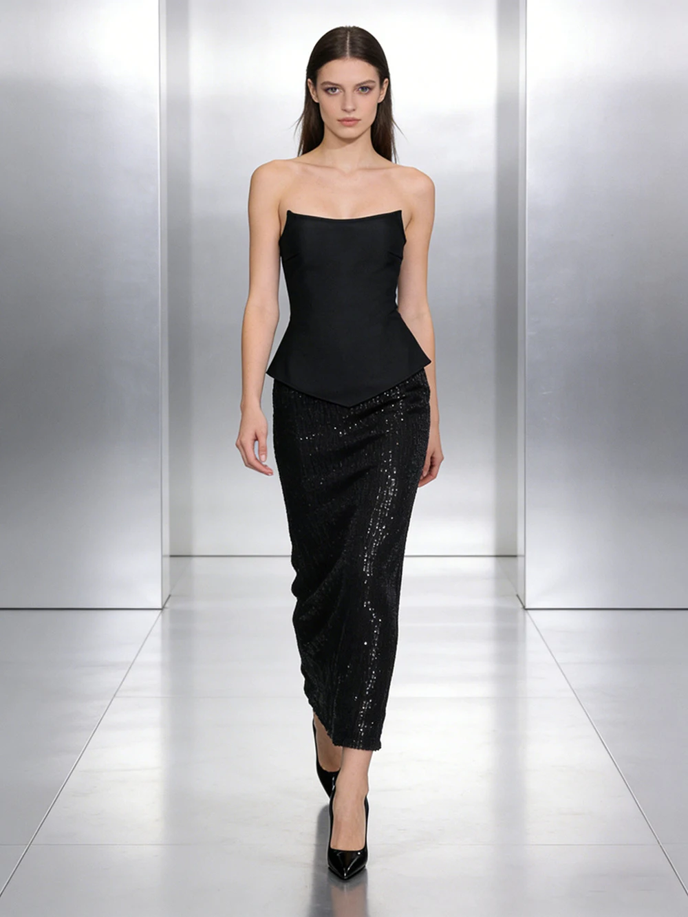 

Sexy 2025 New Black Gauze Sequin Strapless Waist Cinching Top With Ribbon+hip Hugging Skirt Women's Suit Gowns