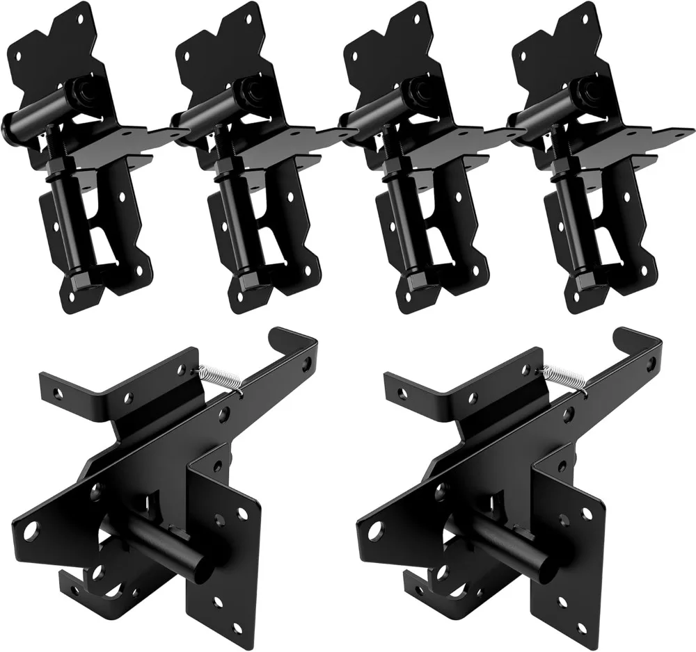 Stainless Steel Self Closing Gate Hinge and Latch Hardware Kit Adjustable Tension Gate Hinges 4-Pack & 2-Automatic Latch