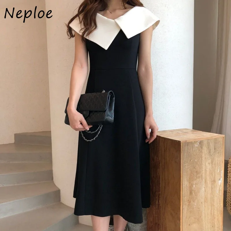 Neploe 2024 Korean Fashion Style Dress Contrast Color Patchwork Turn Down Collar Robe Slim Waist Pleated Design Sense Vestidos