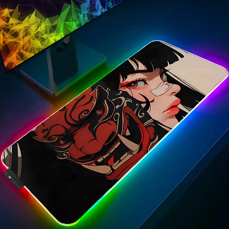 Kawaii Muismat Anime Schattig Meisje Gabinete Gamer RGB Computer Duivel Oni Masker Bureaumat LED Toetsenbord Gaming Accessoires Muismat