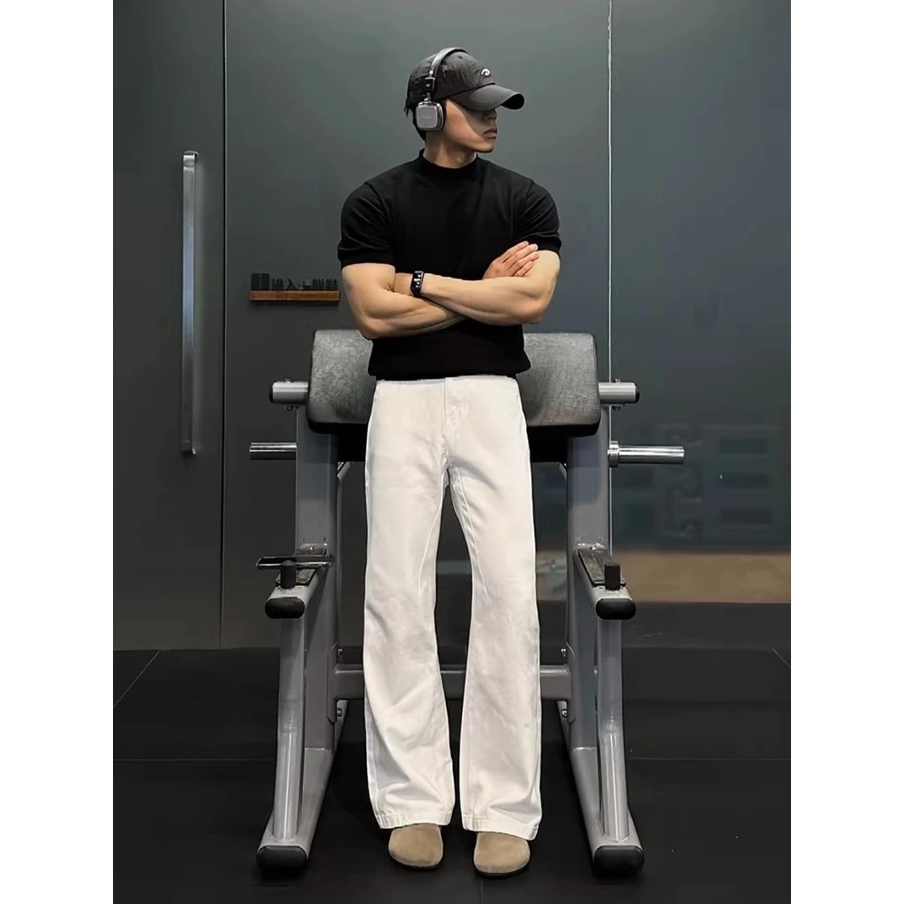 

Белые американские джинсы-клеш для мужчин, тонкие, в стиле High Street Vibe, с широкими штанинами, прямого кроя, из денима