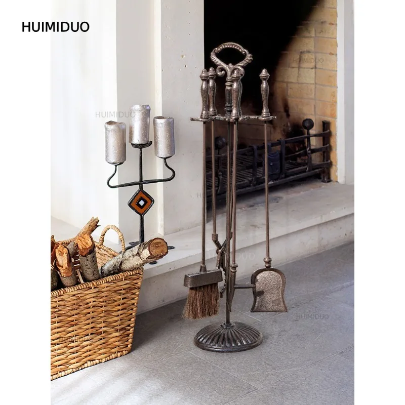 European Retro Cast Iron Fireplace Tools Five-piece Set, Wood-burning Real Fire Fireplace Ash Villa Home