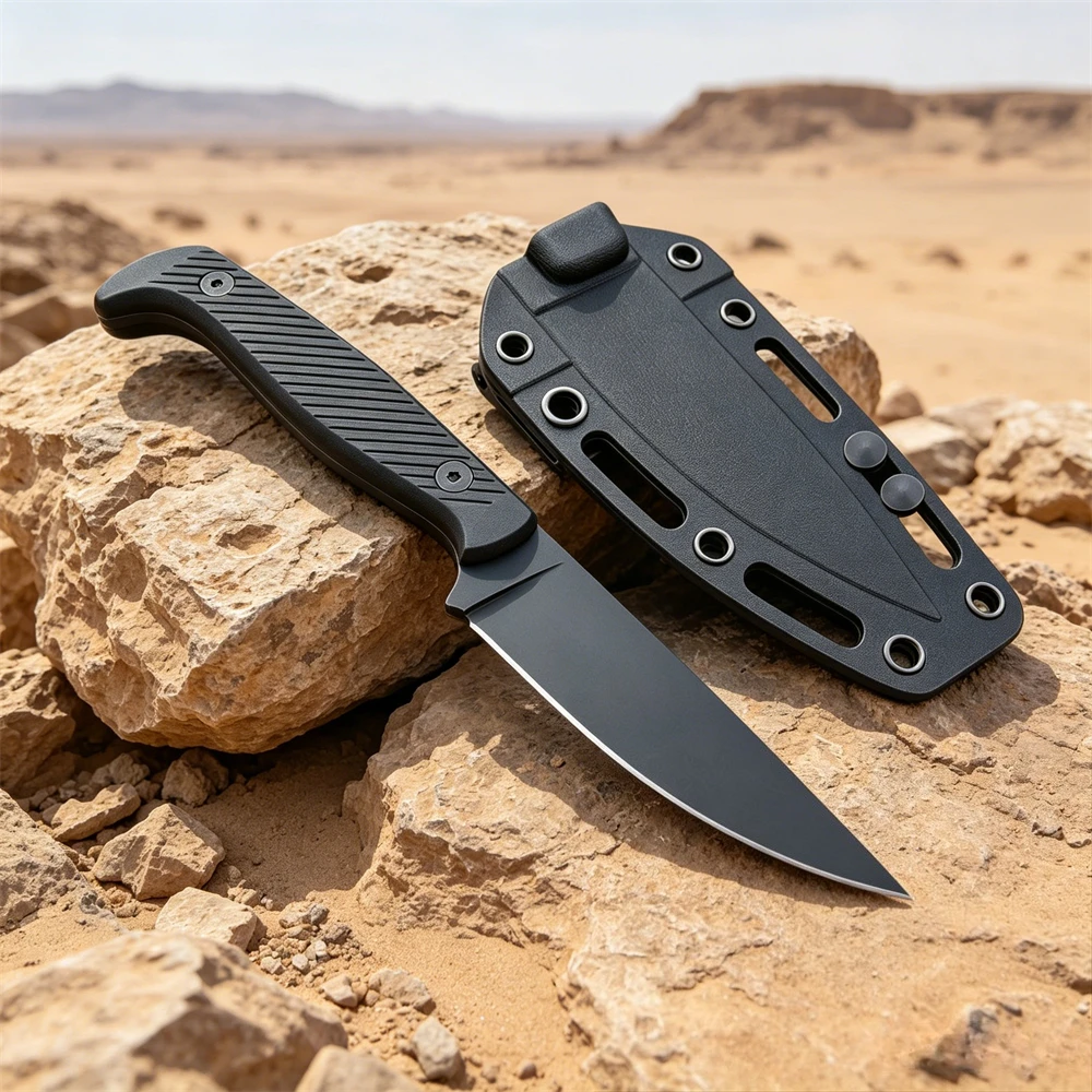Premium Men Gift All Black Full Tang Fixed Blade Knife 8Cr13MoV Solid Blade Non-slip Nylon Grip with Sheath for Field Activities