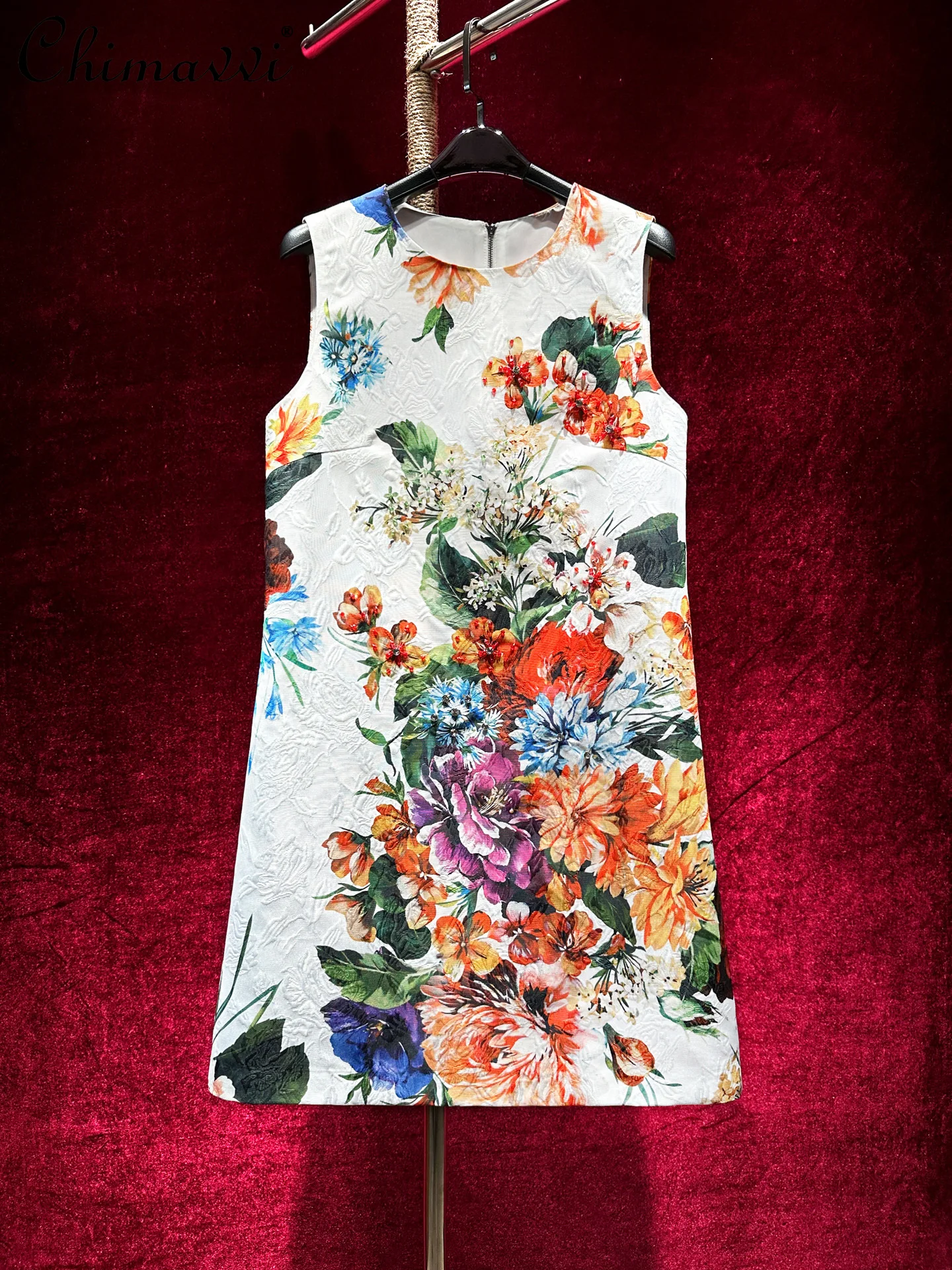 

Heavy Light Luxury Elegant A-line Dress Women High-end Fashion Round Neck Sleeveless Slim Retro Print Short Dress 2025 New Model