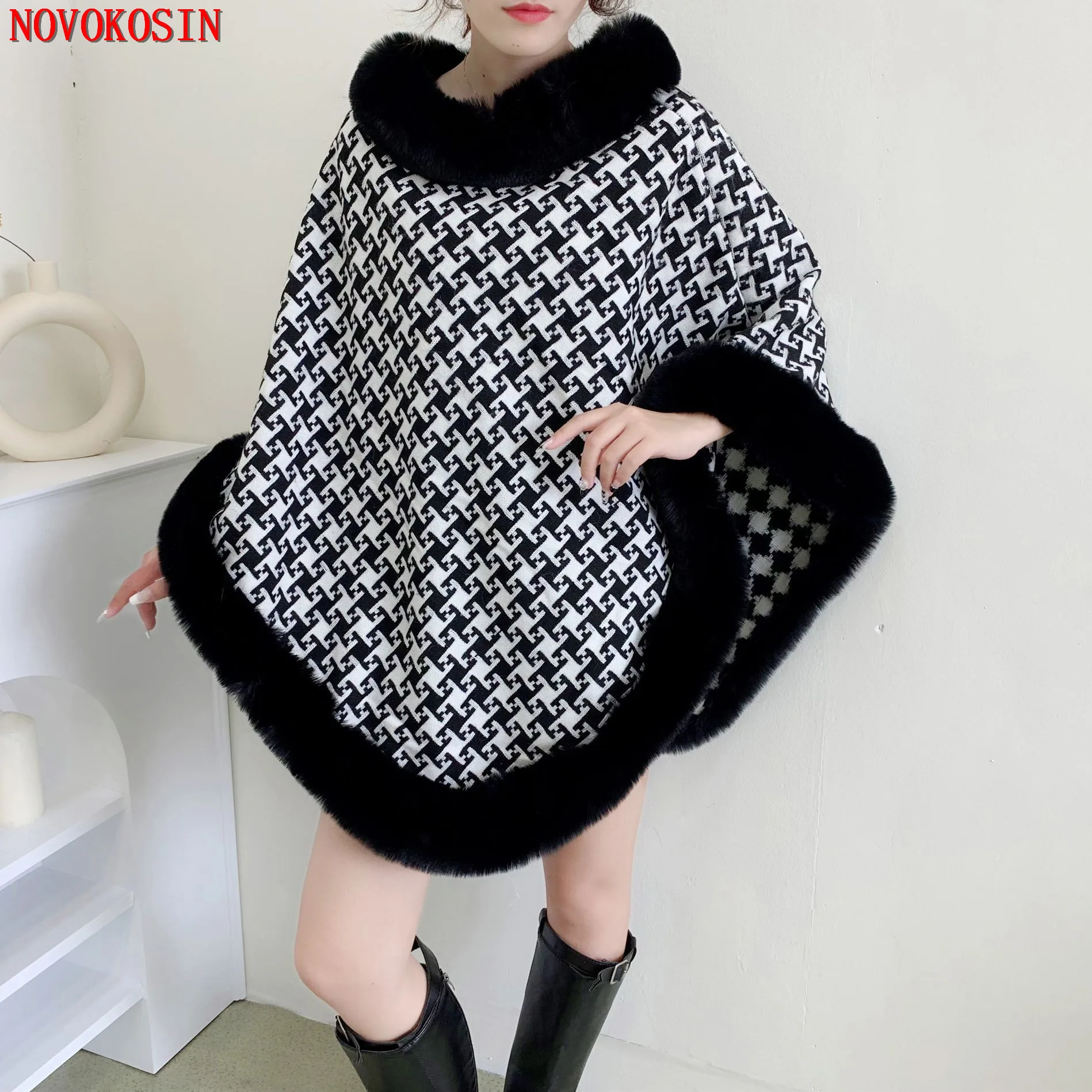 4 Colors Two Side Knitwear Winter Warm Faux Rabbit Fur Neck Plaid Cloak Women Loose Poncho Outdoor Street Pullover Knitwear