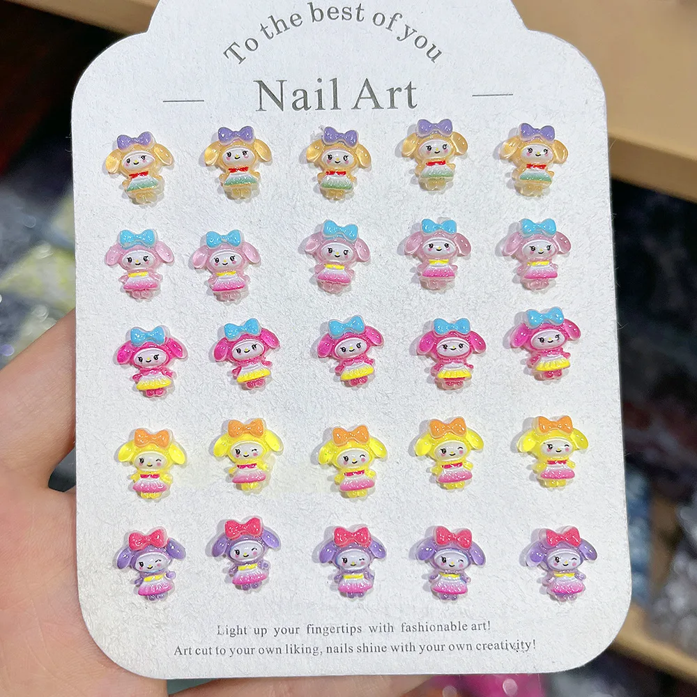 100Pcs Cute My Melody Dress Nail Charms with Bow 3D Resin Nail Art Adorable Cartoon Press-On Nail Decor for DIY Kawaii Manicures
