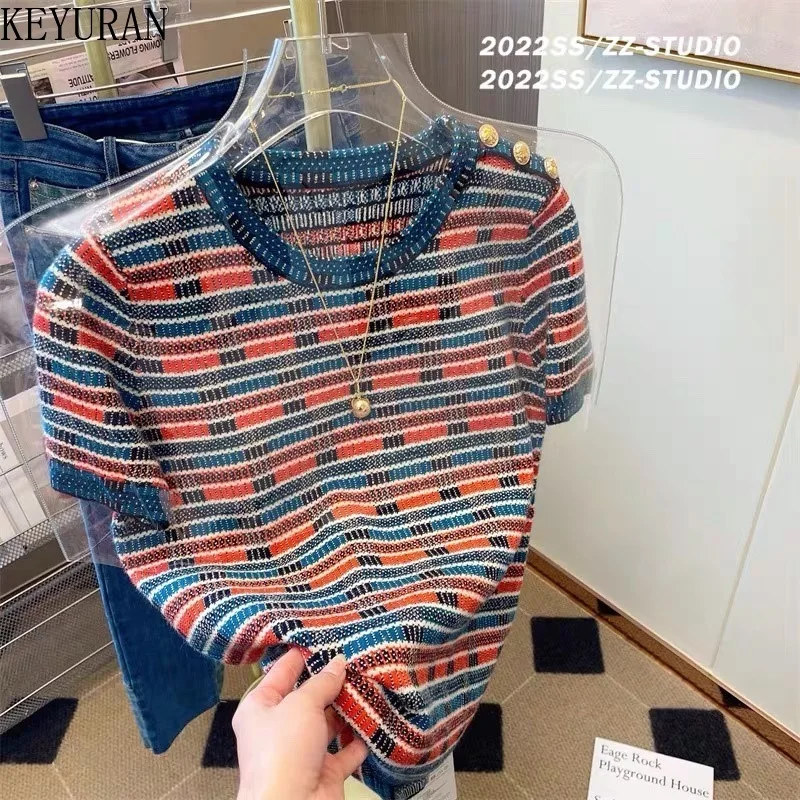 2025 New Summer Striped Short-sleeved Sweater Women's Knitted T Shirts Ins Korean Style Casual Crew Neck Knitwear Top Female Tee