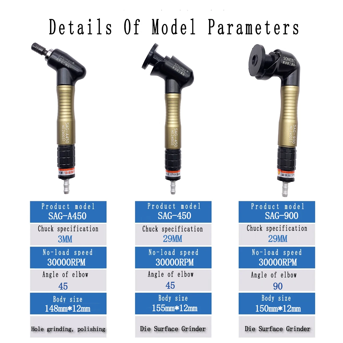 

SONIDEC Pneumatic Grinders Die Grinder Crankshaft Polishing Machine SAG-450 SAG-900 SAG-A450 Inner Hole Flat Surface Grinding