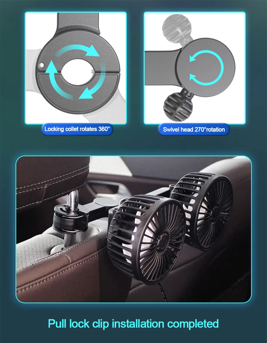 3-speed Car Seat Back Cooling Fan USB Charge Dual Head Fan 360 Degree Rotation Neck Cooler for Summer Car Accessories